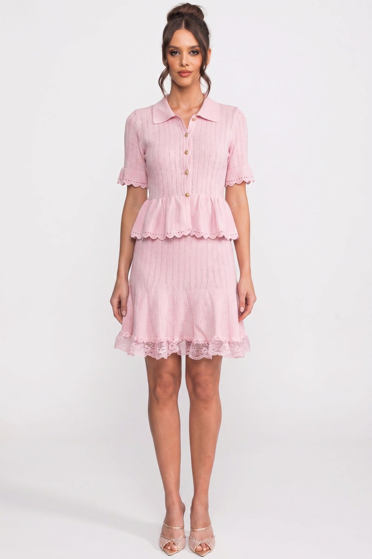 Polo-Collar with Button Top and Mini Skirt Set - Pink
