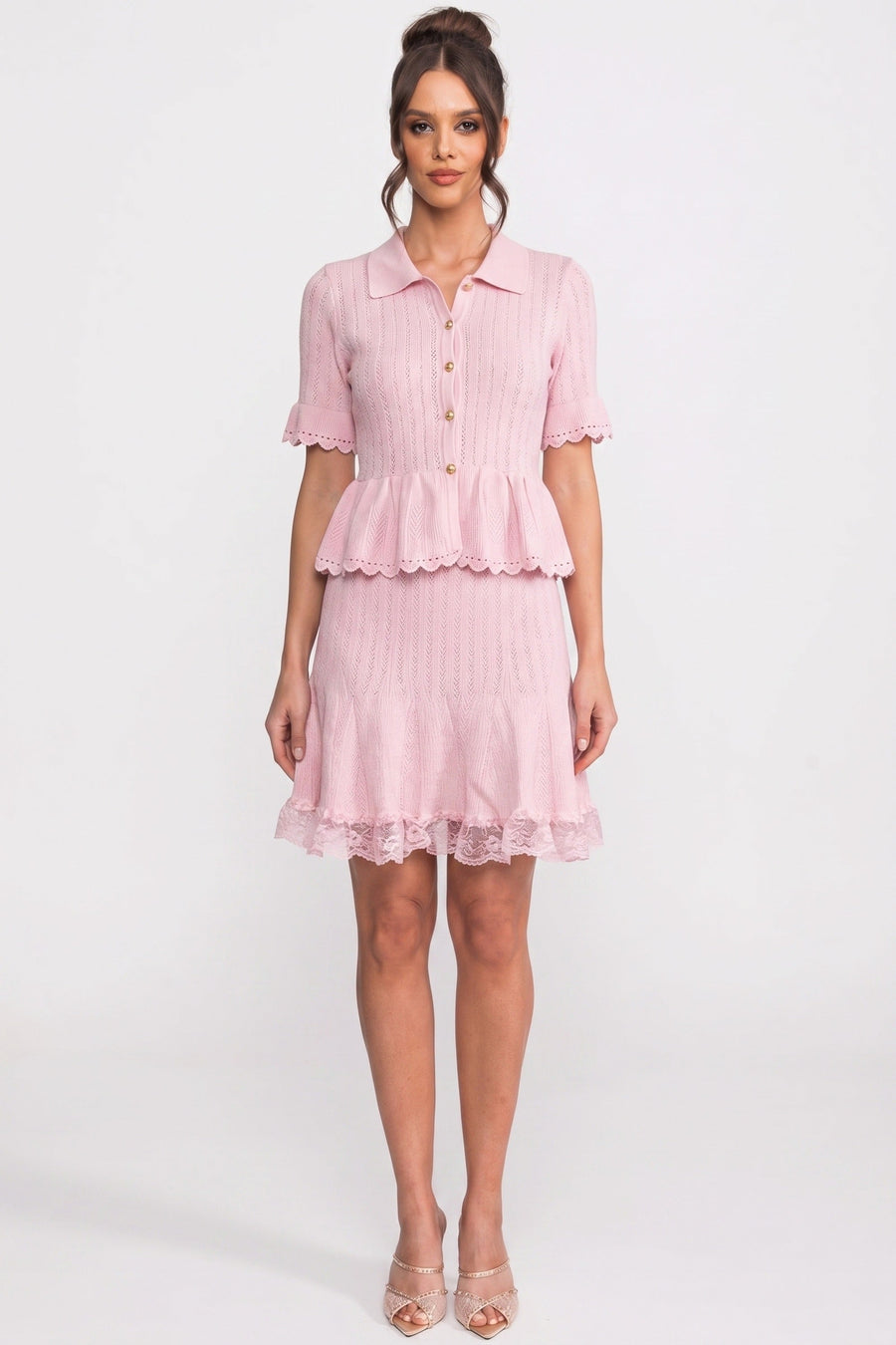 Polo-Collar with Button Top and Mini Skirt Set - Pink