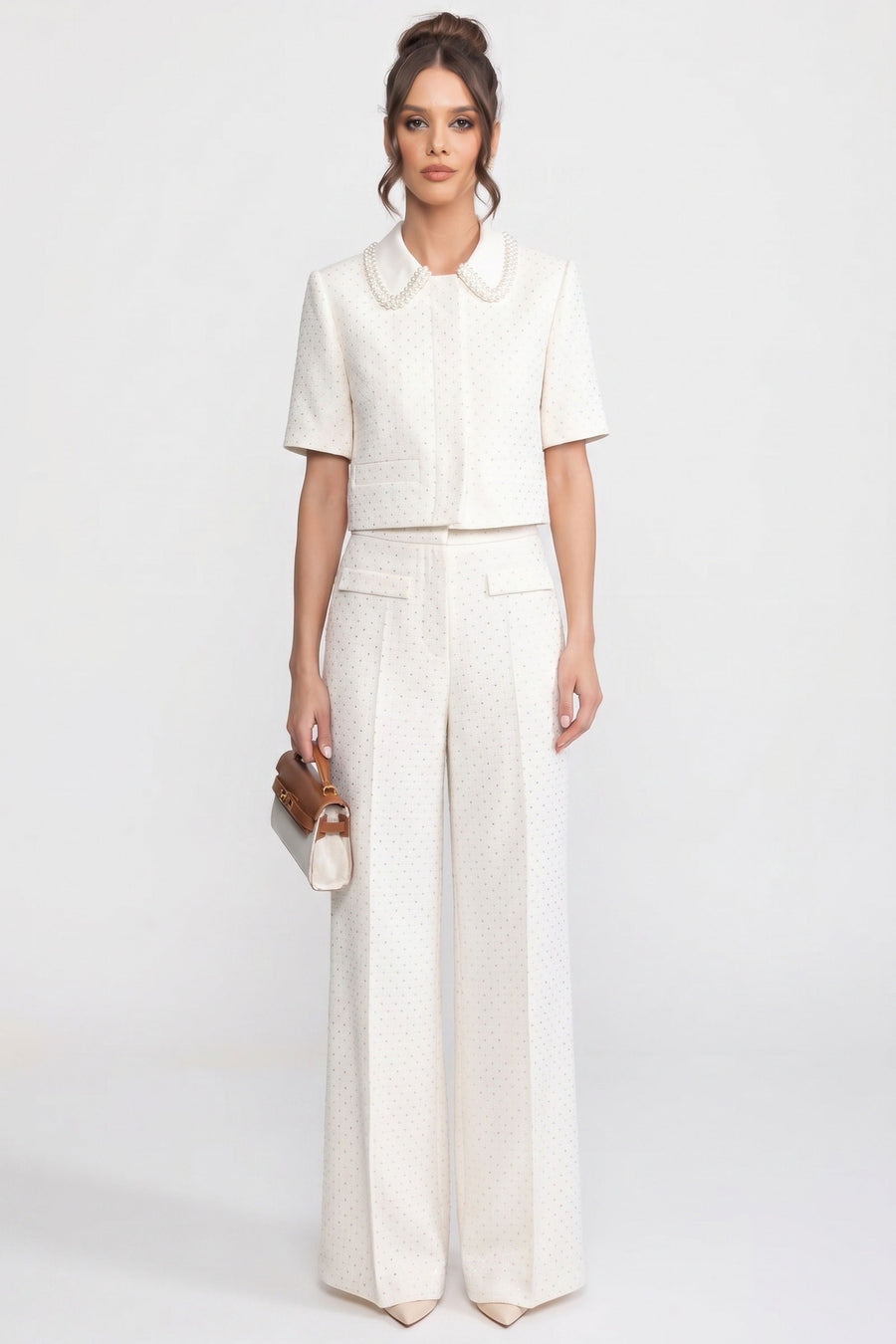 Wide-Leg Embellished Tweed Trousers With Patch Pockets - Ivoire