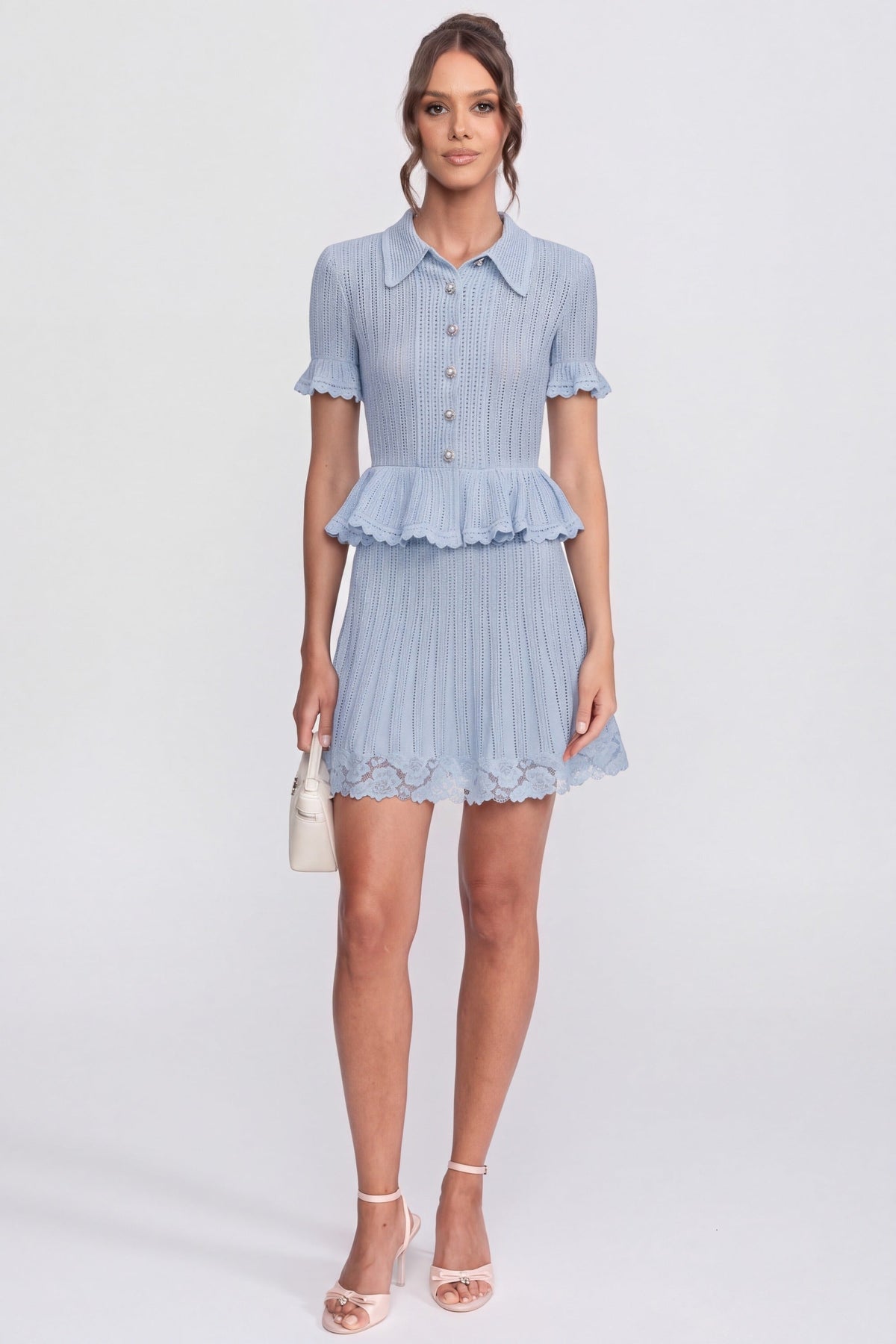 Polo-Collar with Button Top and Mini Skirt Set - Blue