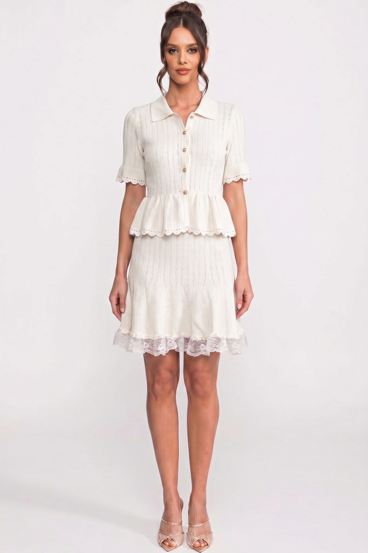 Polo-Collar with Button Top and Mini Skirt Set - White