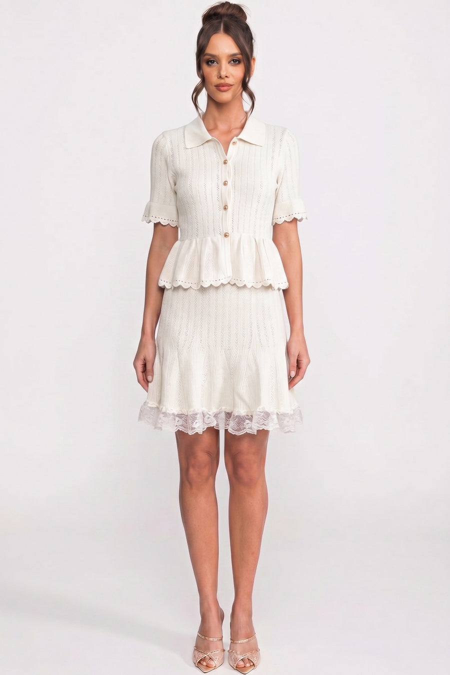 Polo-Collar with Button Top and Mini Skirt Set - White
