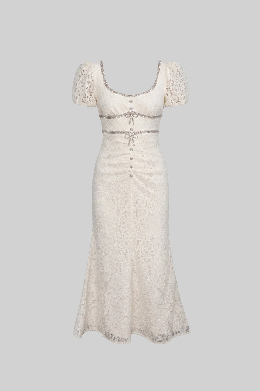Short Sleeved Lace Dress With Short Puff Sleeves And Scoop Neckline - Ivoire