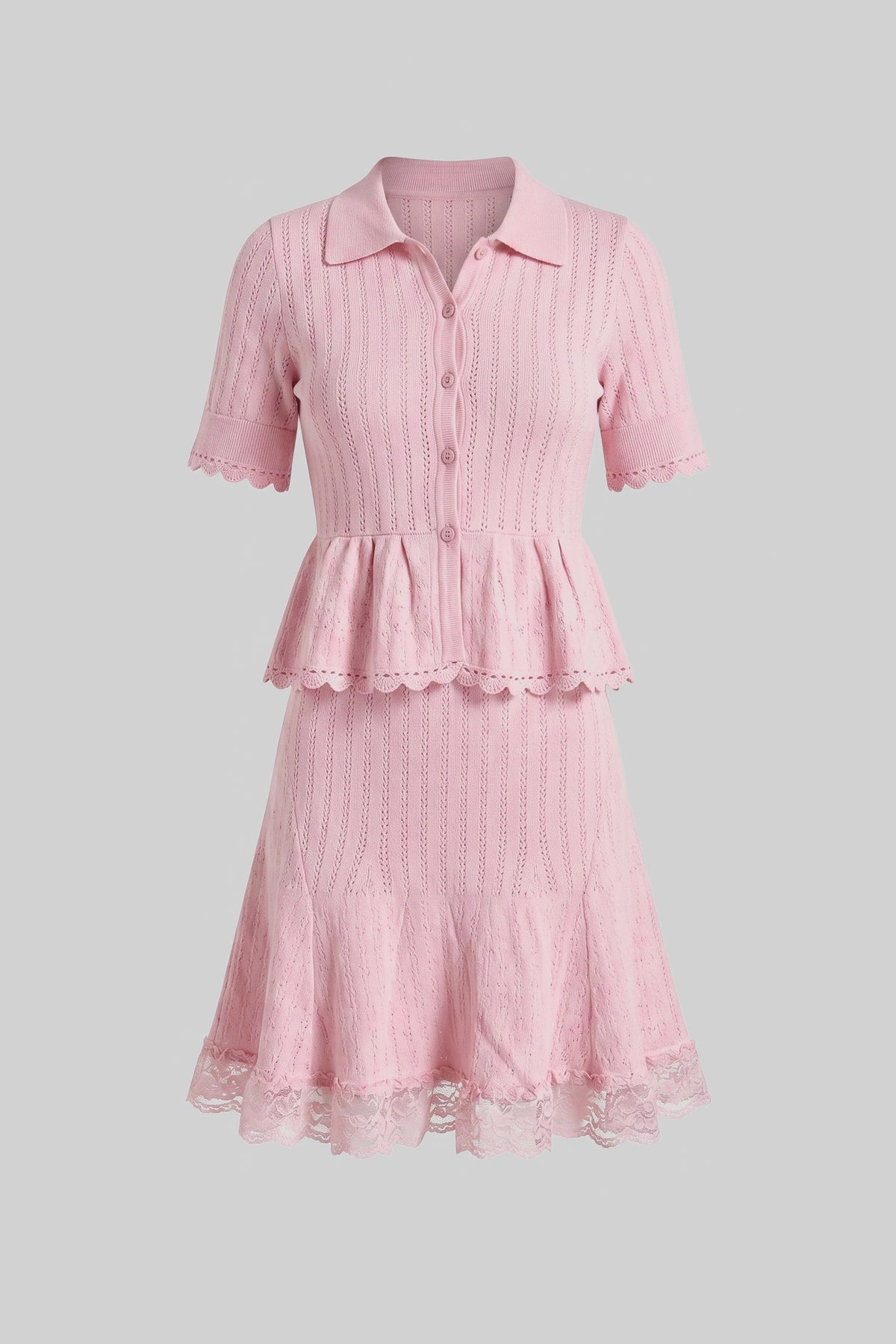 Polo-Collar with Button Top and Mini Skirt Set - Pink