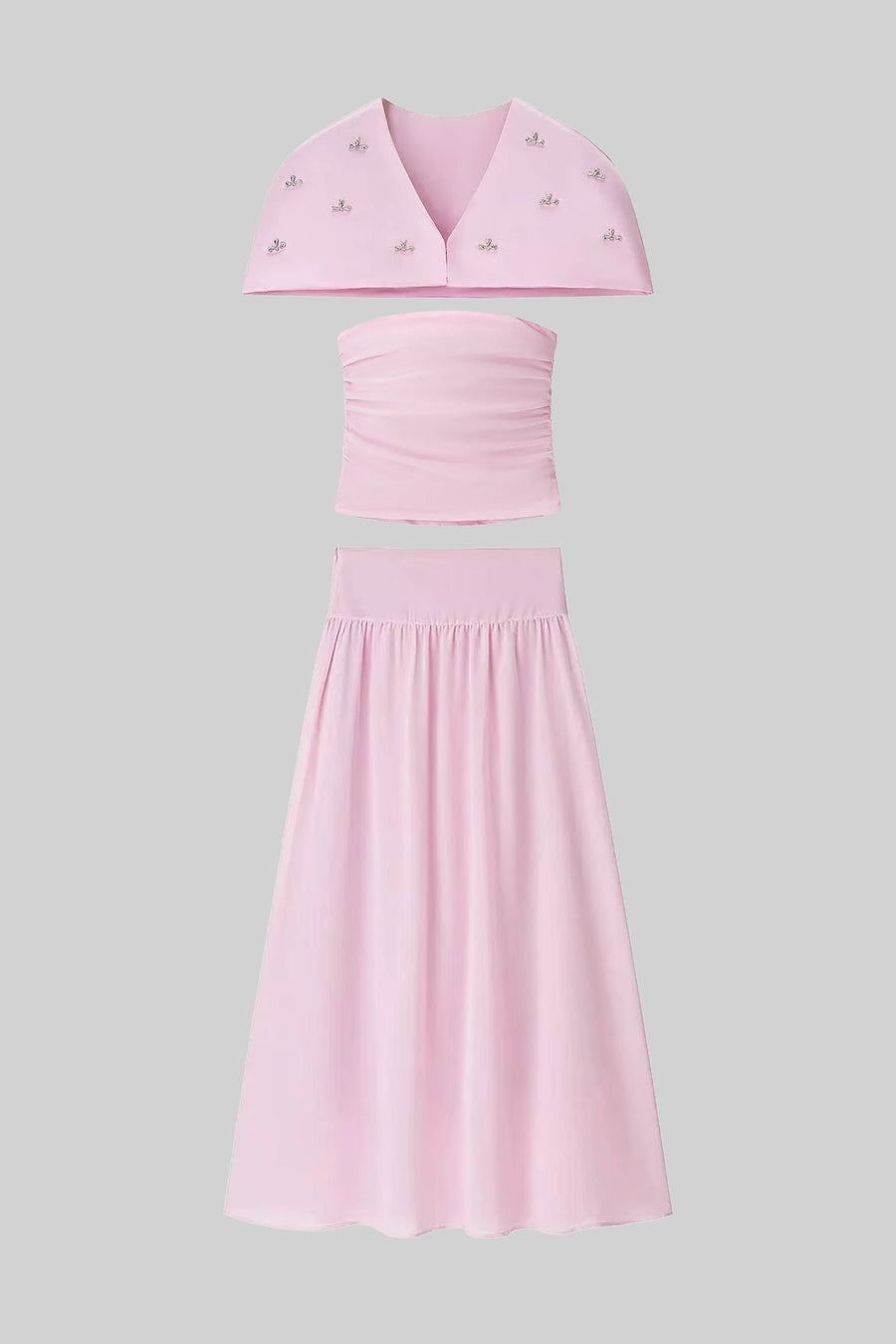 3-Piece Co-Ord Set With Ruched Top, Detachable Cape And Maxi Skirt - Pink