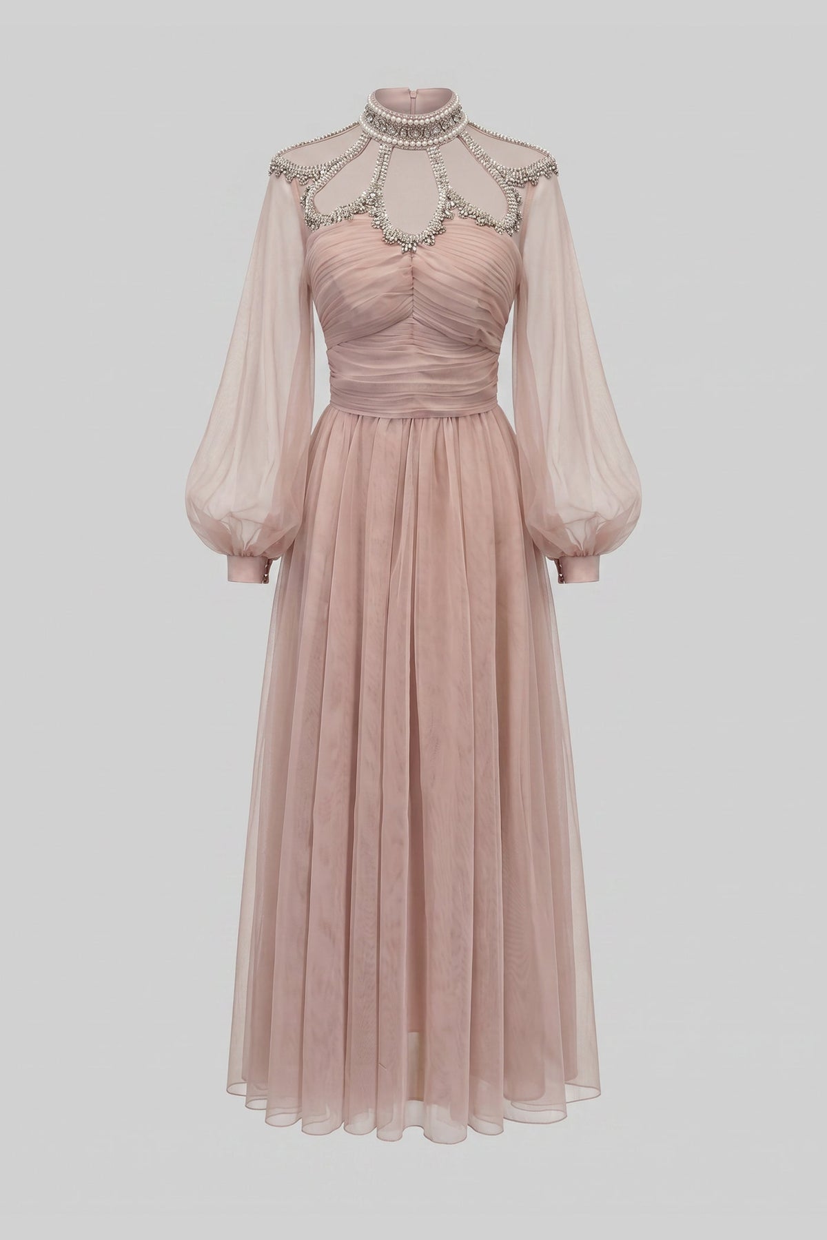 Elegant Dress With Long Sleeves, High Neckline And Ruched Bodice - Peach