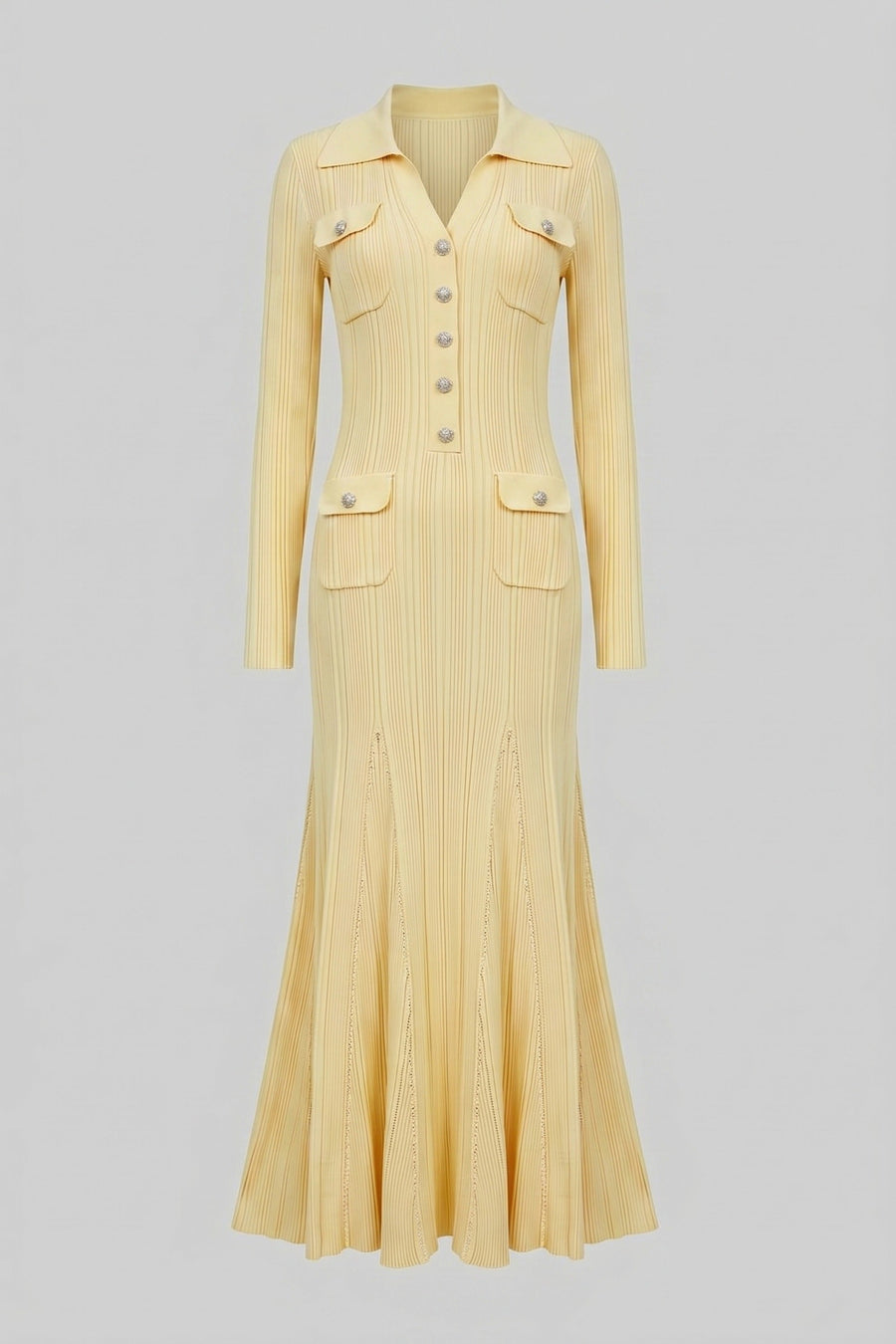 Long-Sleeve Button-Front Knit Maxi Dress With Patch Pockets - Yellow