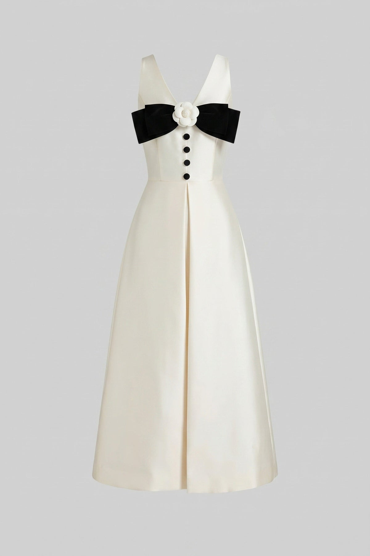 Halter Neck Maxi Dress With Black Bow Bustline And Button Front - Ivories