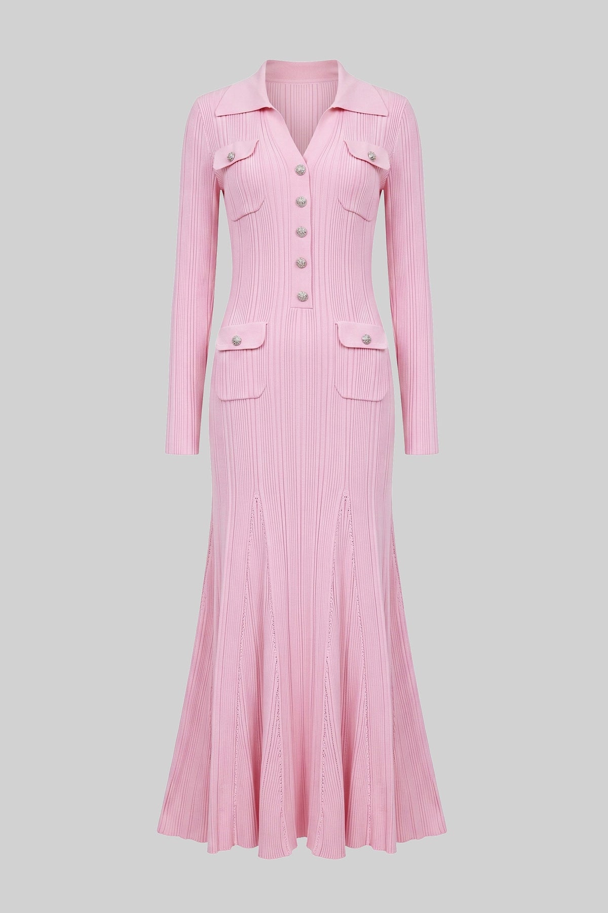 Long-Sleeve Button-Front Knit Maxi Dress With Patch Pockets - Pink