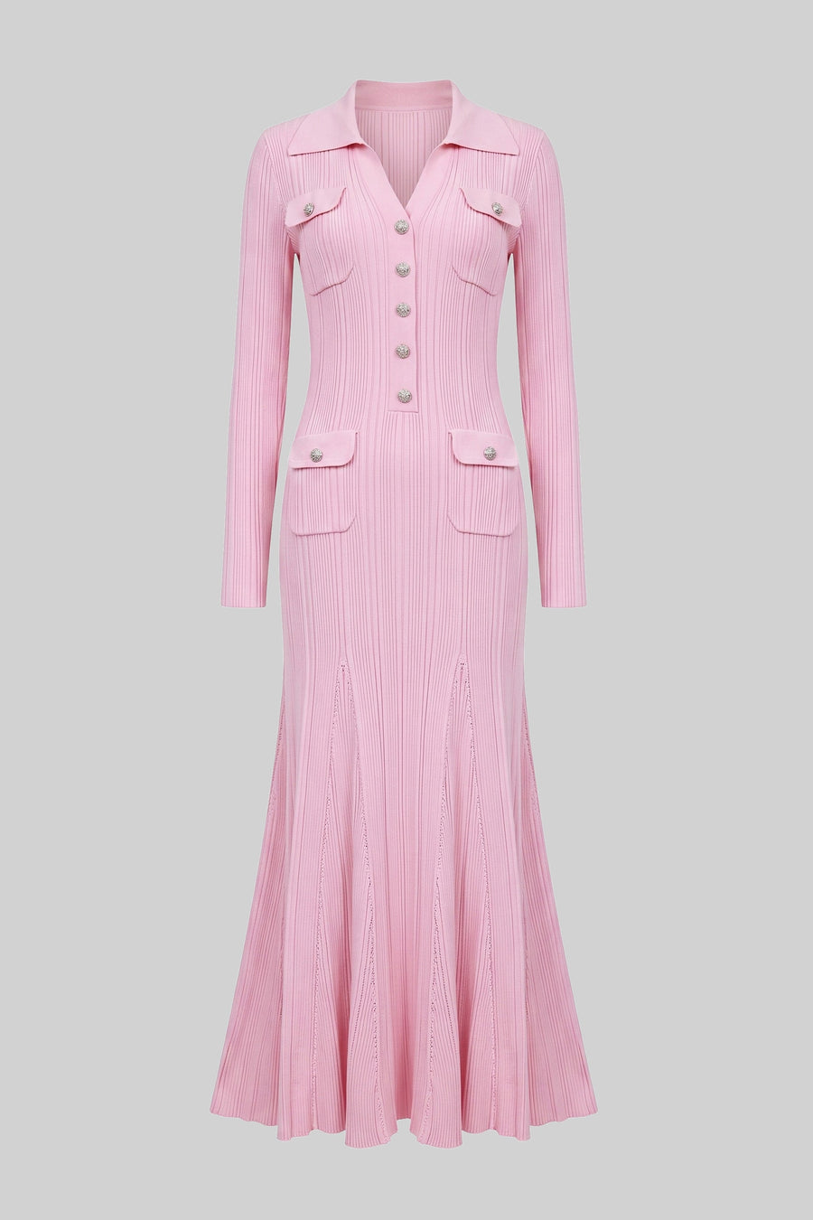 Long-Sleeve Button-Front Knit Maxi Dress With Patch Pockets - Pink