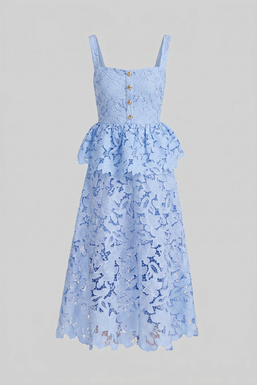 Sleeveless Lace Peplum Dress With Midi Skirt And Golden Buttons - Blue