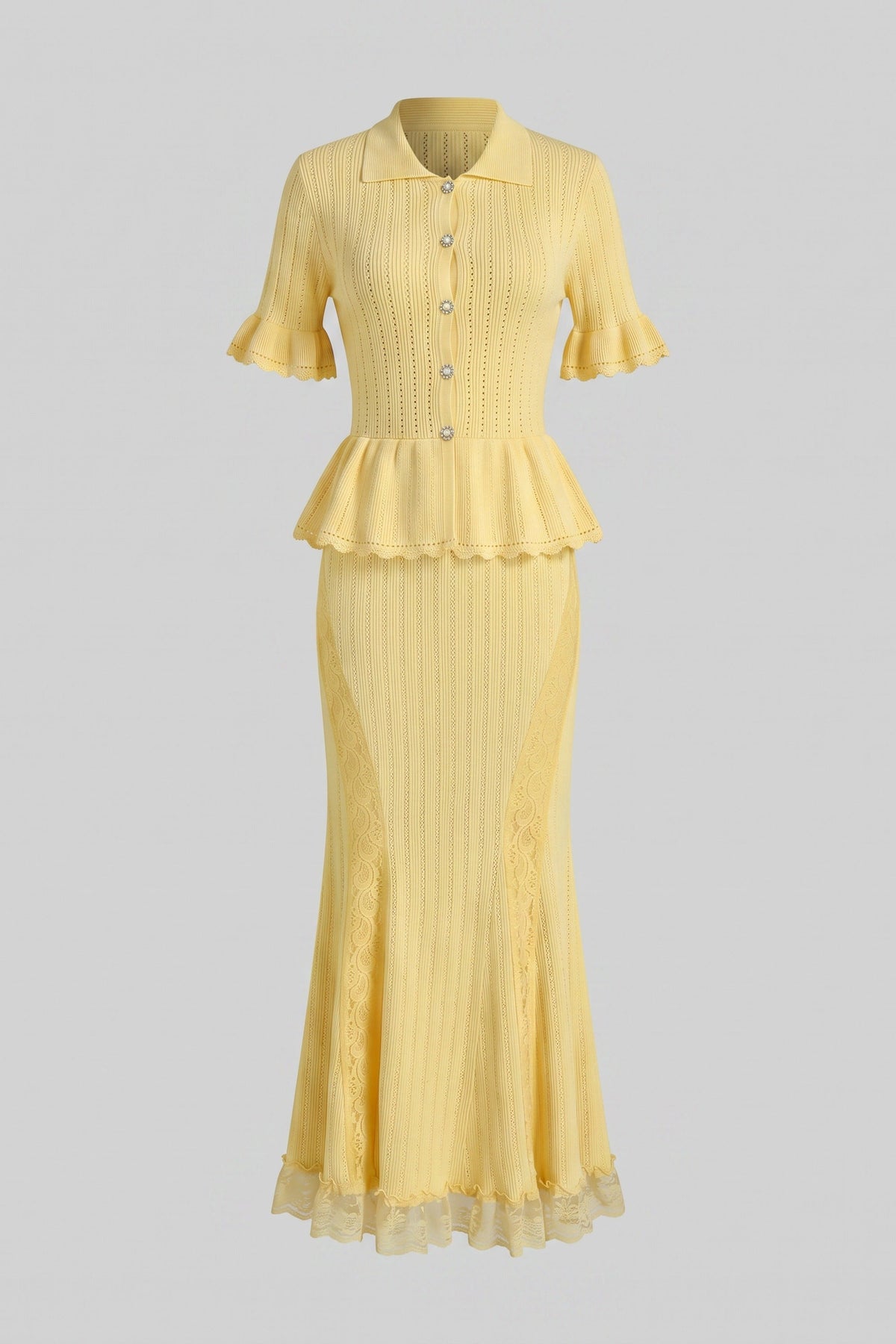 Peter-Pan Collar Knit Peplum Maxi Dress With Lace Hem - Yellow