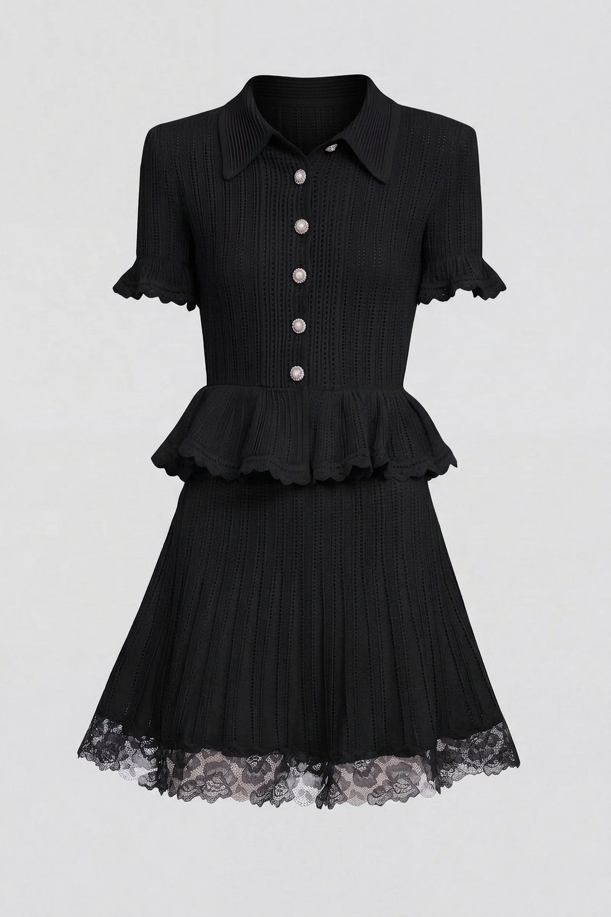 Polo-Collar with Button Top and Mini Skirt Set - Black
