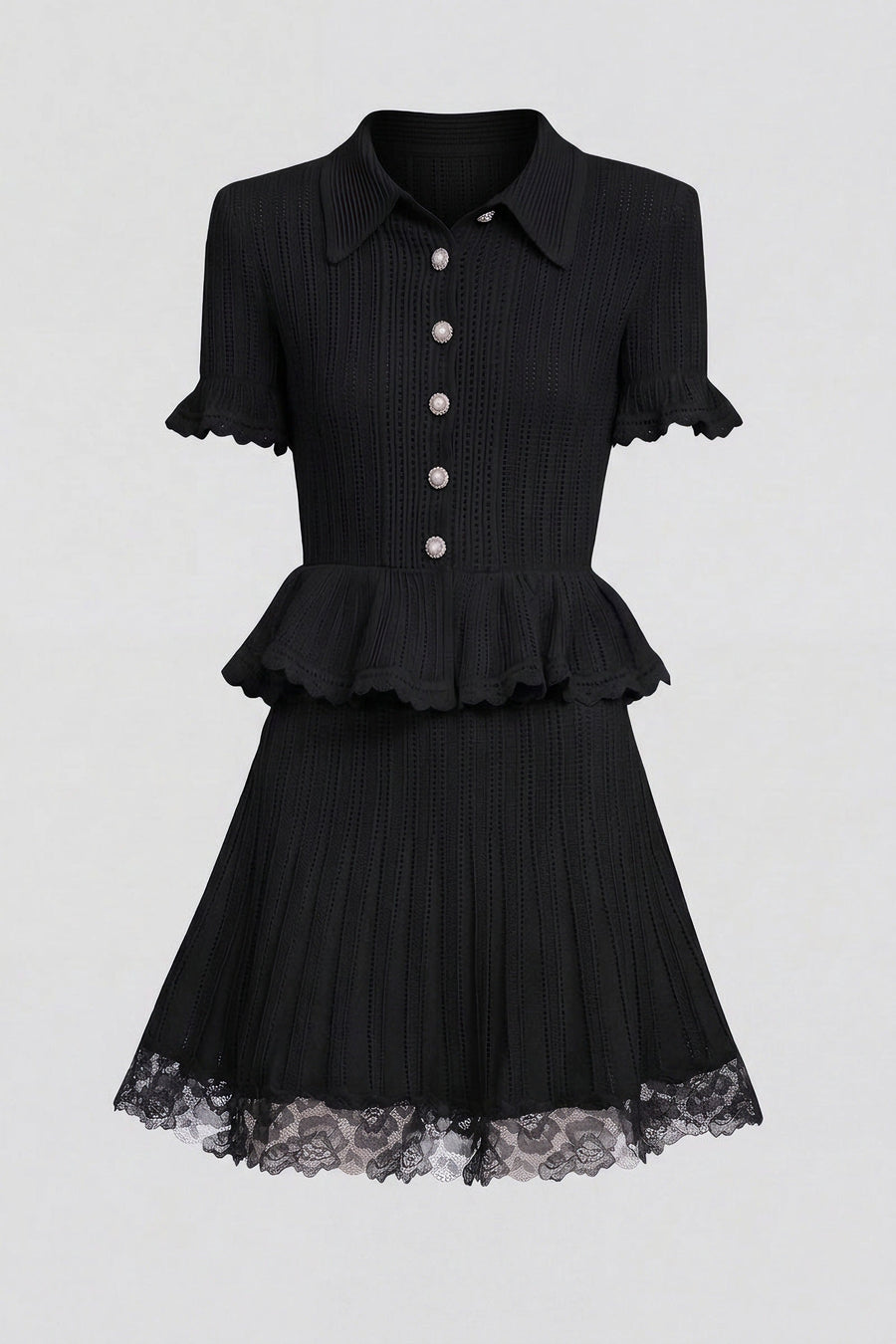 Polo-Collar with Button Top and Mini Skirt Set - Black