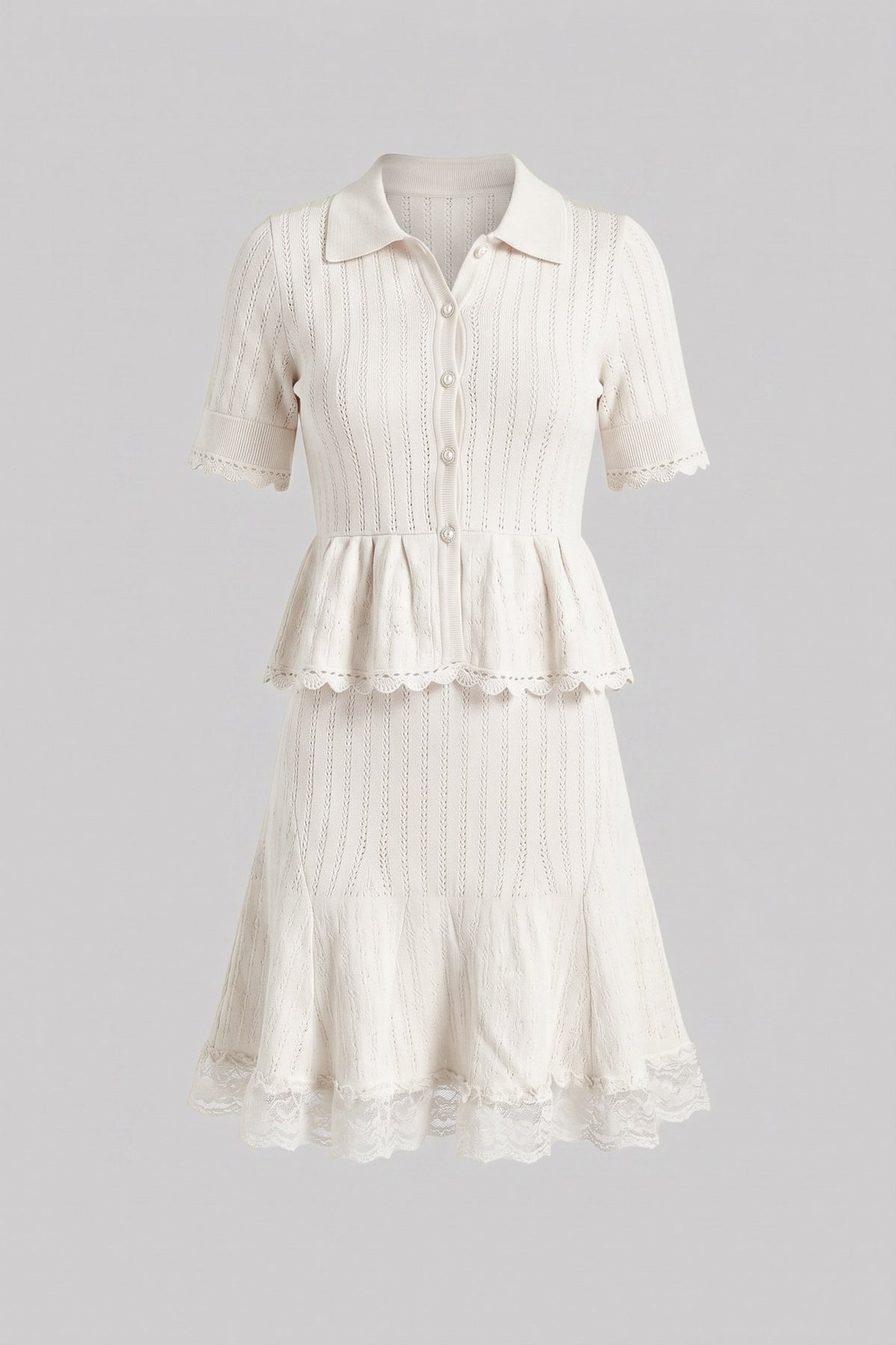 Polo-Collar with Button Top and Mini Skirt Set - White