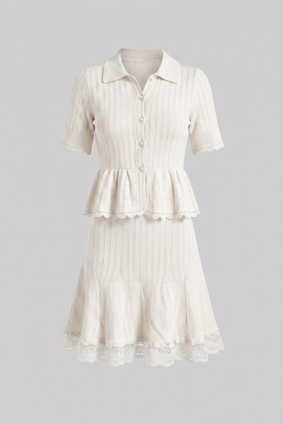 Polo-Collar with Button Top and Mini Skirt Set - White