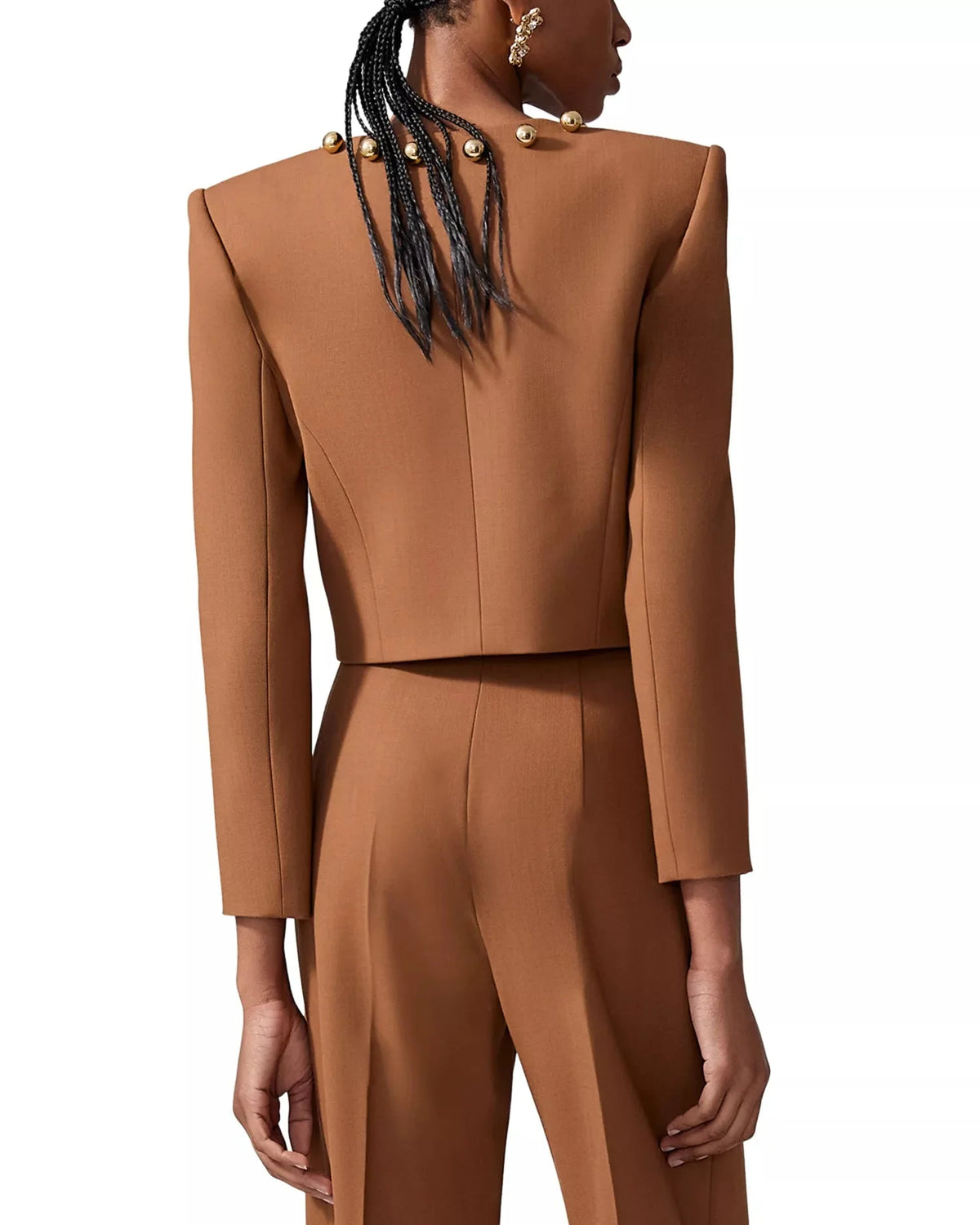 Gold Button Cropped Blazer & Flared Pants Suit Set