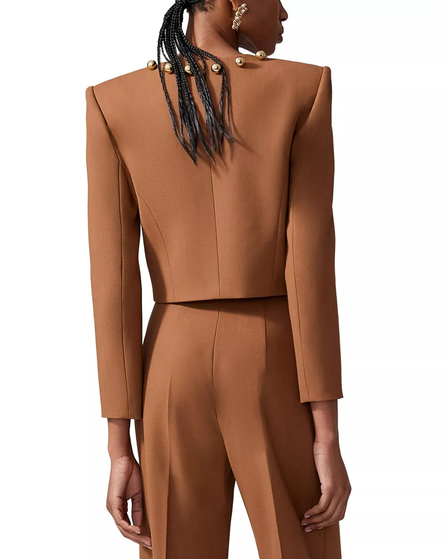 Gold Button Cropped Blazer & Flared Pants Suit Set
