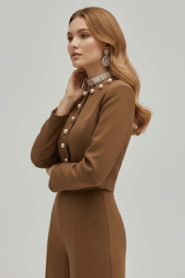Gold Button Cropped Blazer & Flared Pants Suit Set