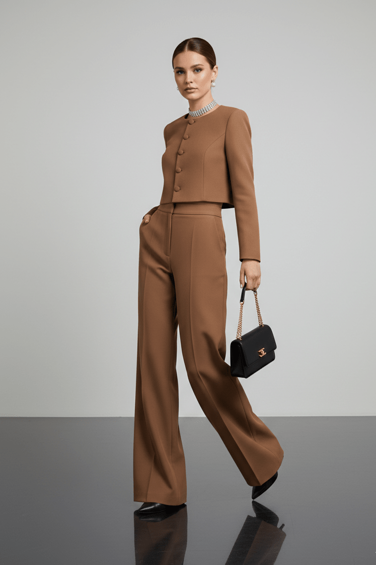 Gold Button Cropped Blazer & Flared Pants Suit Set