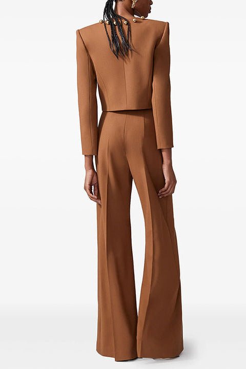 Gold Button Cropped Blazer & Flared Pants Suit Set