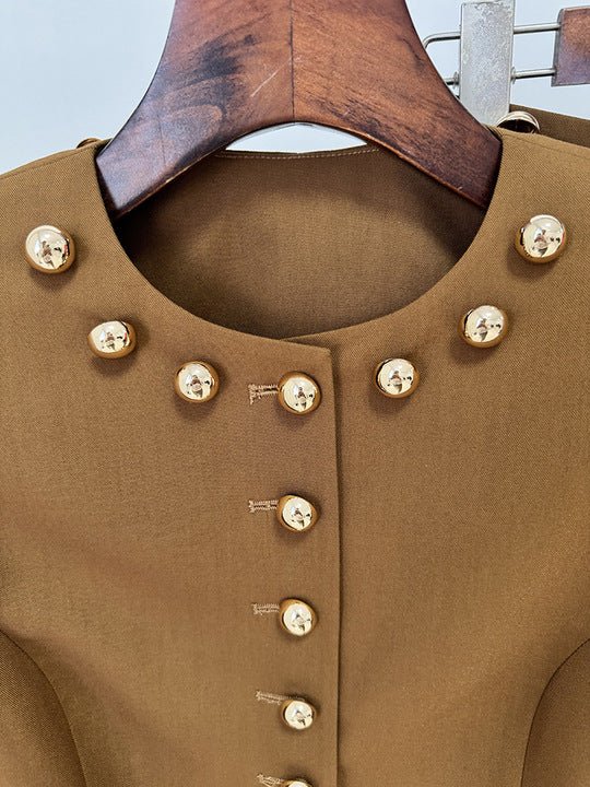 Gold Button Cropped Blazer & Flared Pants Suit Set