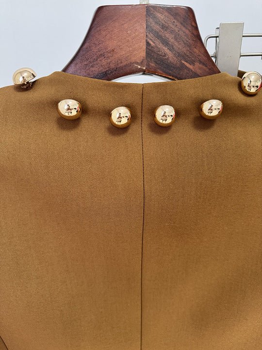 Gold Button Cropped Blazer & Flared Pants Suit Set