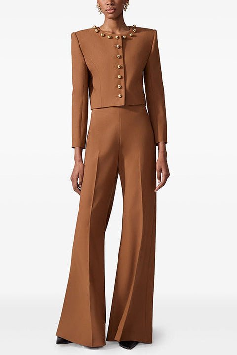 Gold Button Cropped Blazer & Flared Pants Suit Set