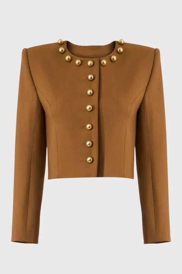 Gold Button Cropped Blazer & Flared Pants Suit Set