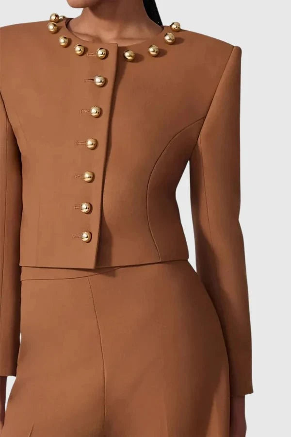 Gold Button Cropped Blazer & Flared Pants Suit Set