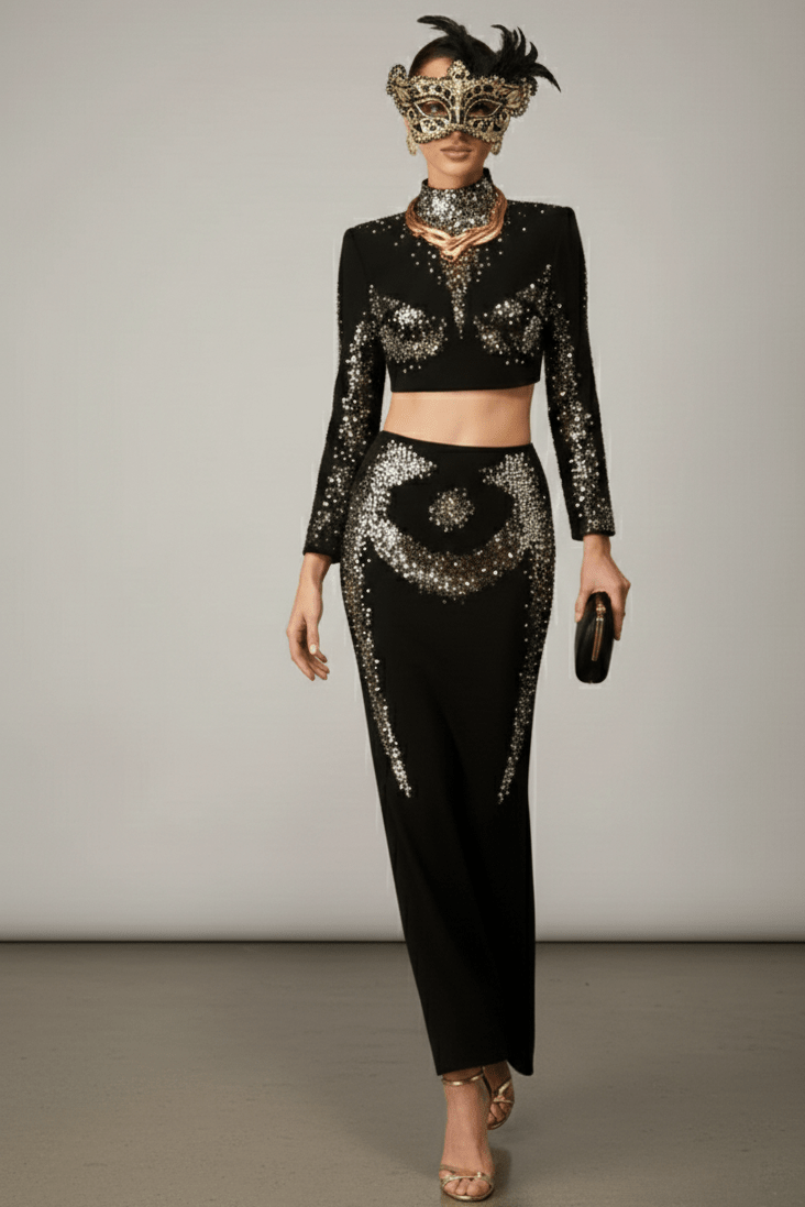 Gold Diamond Bandage Two-Piece Midi Evening Set