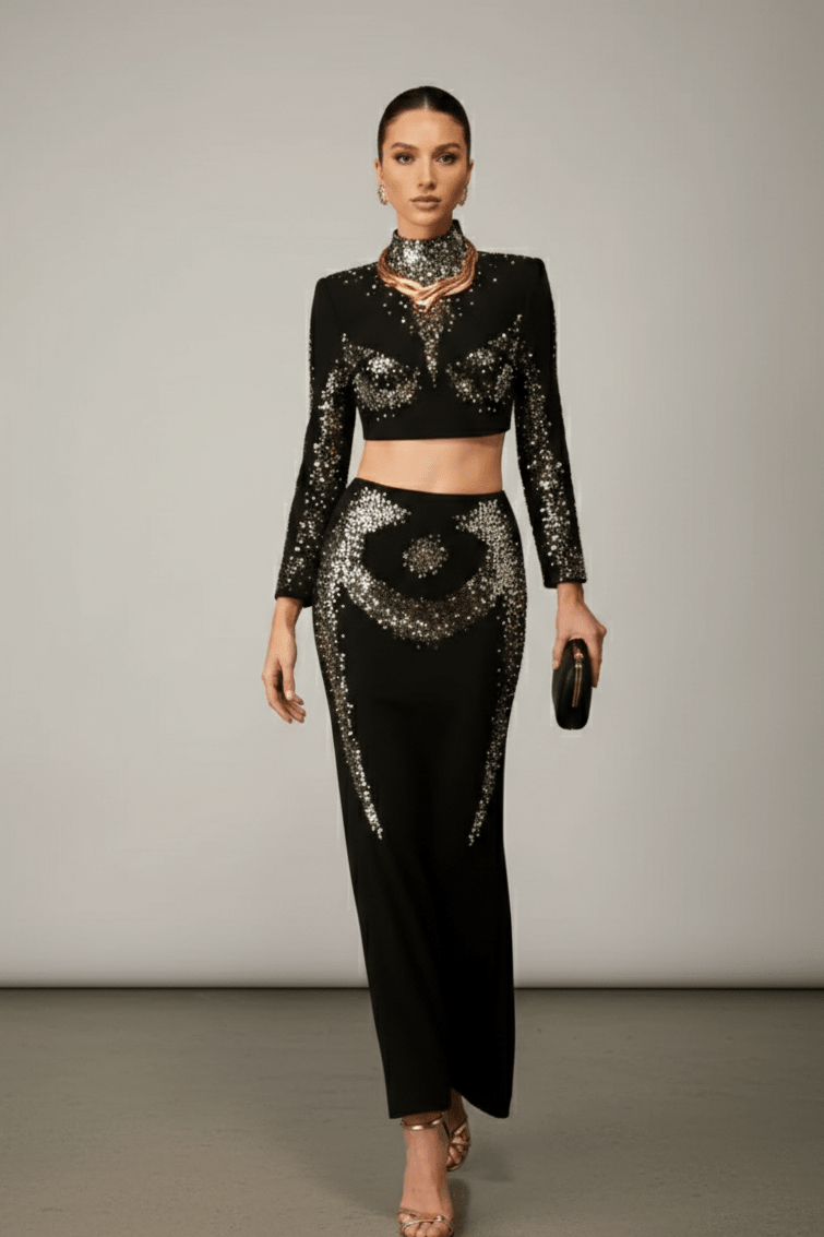 Gold Diamond Bandage Two-Piece Midi Evening Set