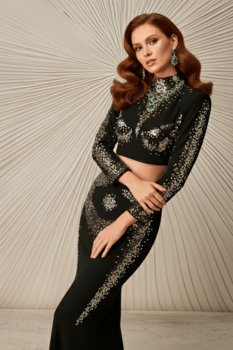 Gold Diamond Bandage Two-Piece Midi Evening Set