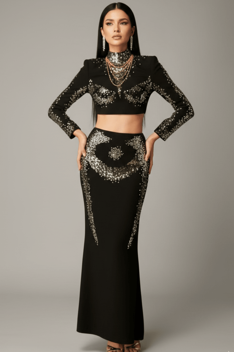 Gold Diamond Bandage Two-Piece Midi Evening Set