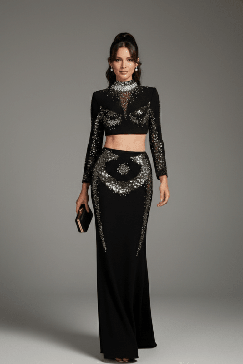 Gold Diamond Bandage Two-Piece Midi Evening Set