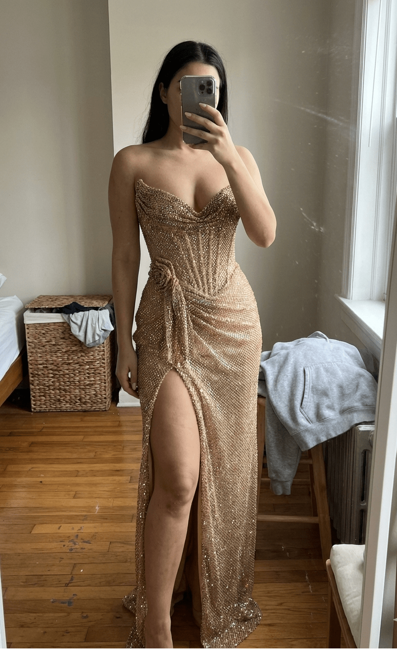 Gold Sequin Strapless Split Evening Gown