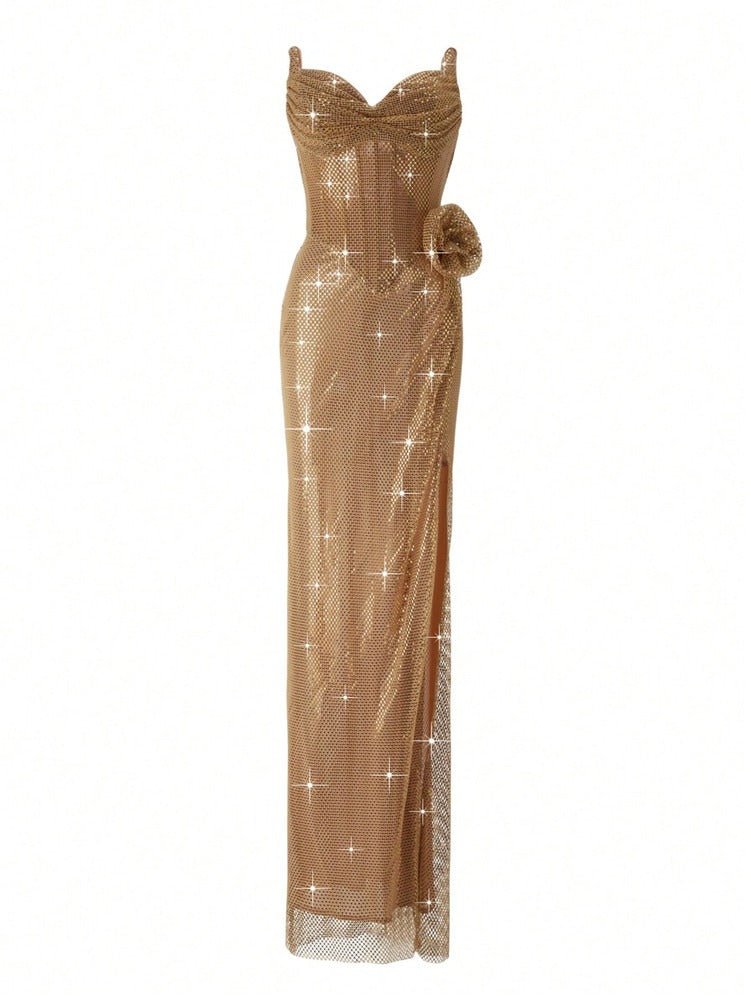 Gold Sequin Strapless Split Evening Gown