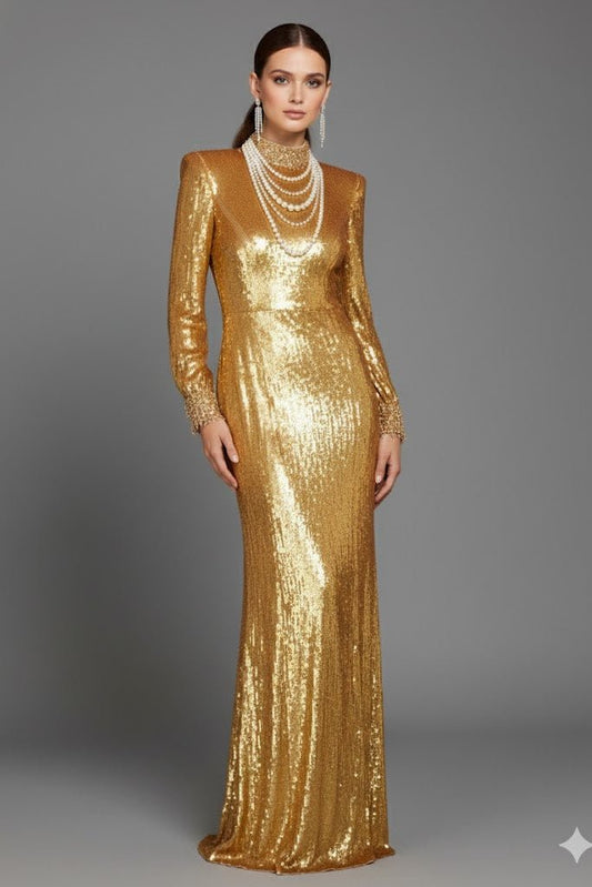 Golden Sequin Long Sleeve High-Neck Evening Gown