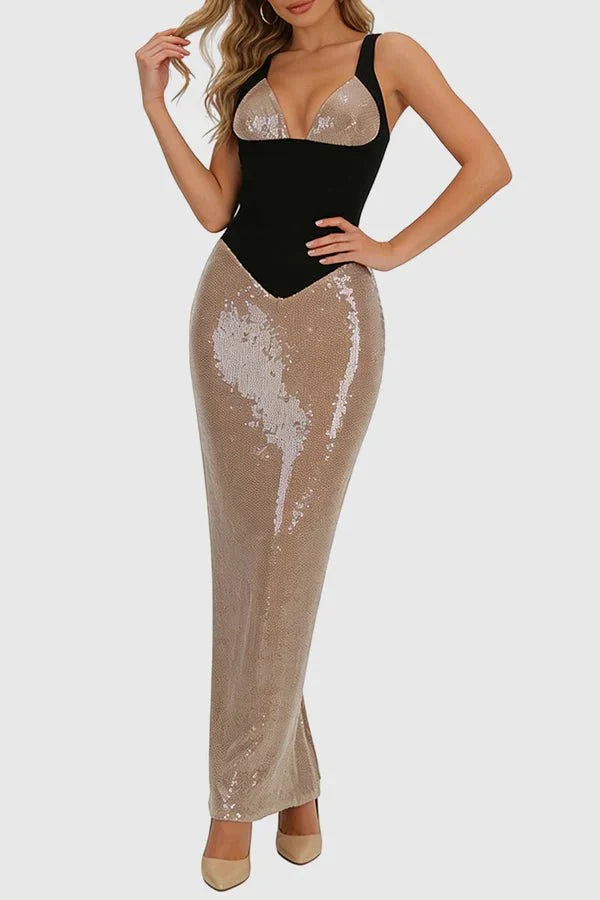 Illusion Mesh Sequin Bodycon Maxi Evening Dress