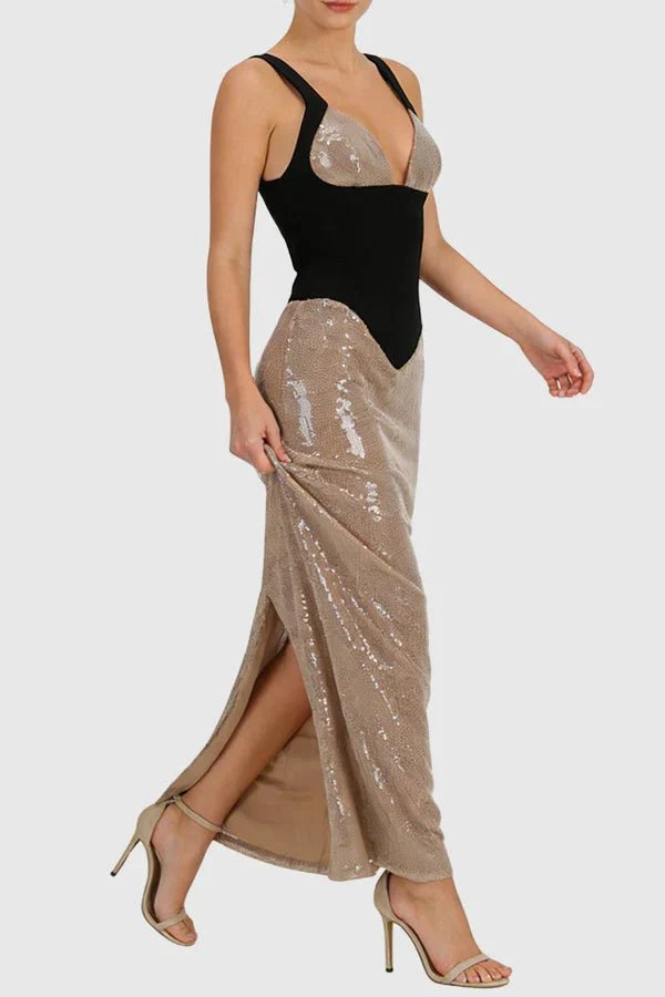 Illusion Mesh Sequin Bodycon Maxi Evening Dress