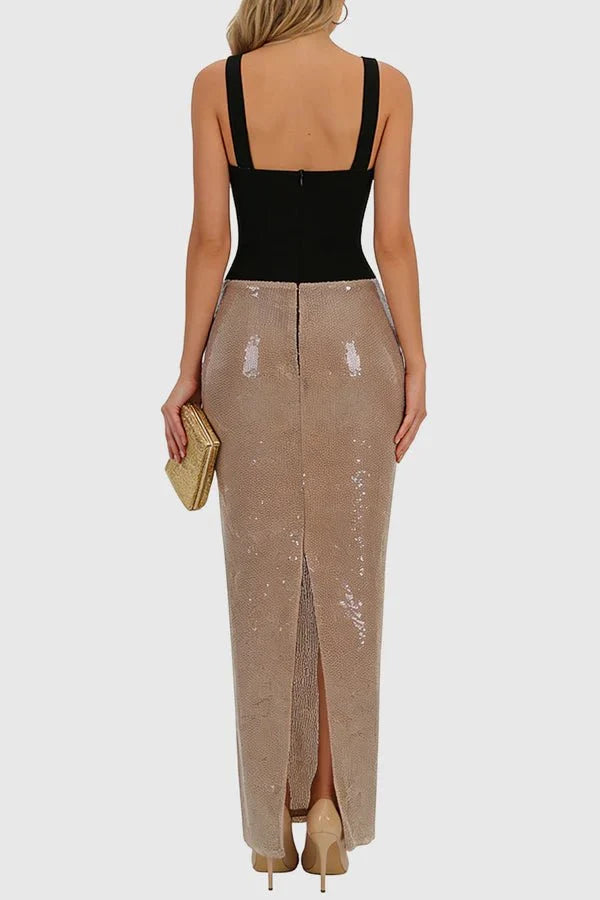 Illusion Mesh Sequin Bodycon Maxi Evening Dress