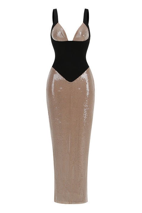 Illusion Mesh Sequin Bodycon Maxi Evening Dress