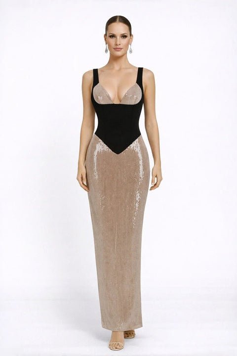 Illusion Mesh Sequin Bodycon Maxi Evening Dress