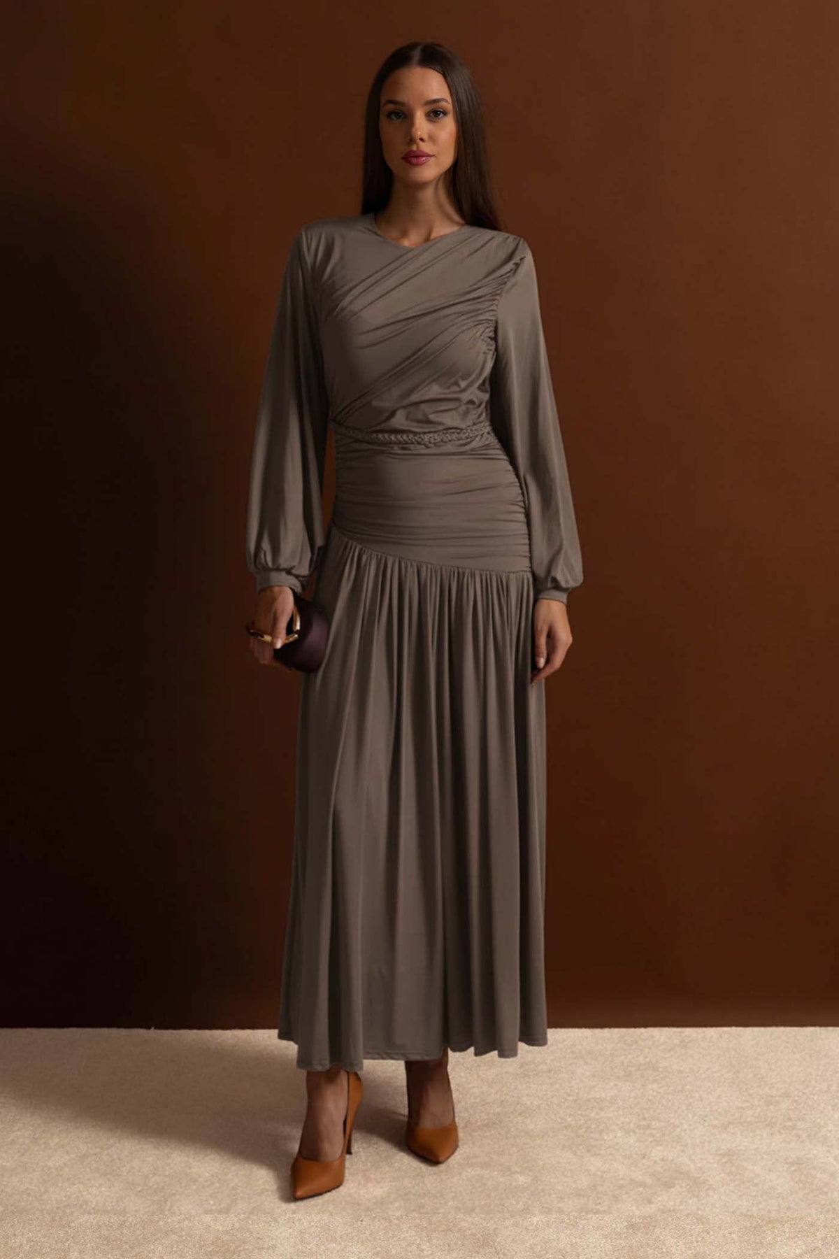 Draped Maxi Dress with Braided Waist Detail - Khaki
