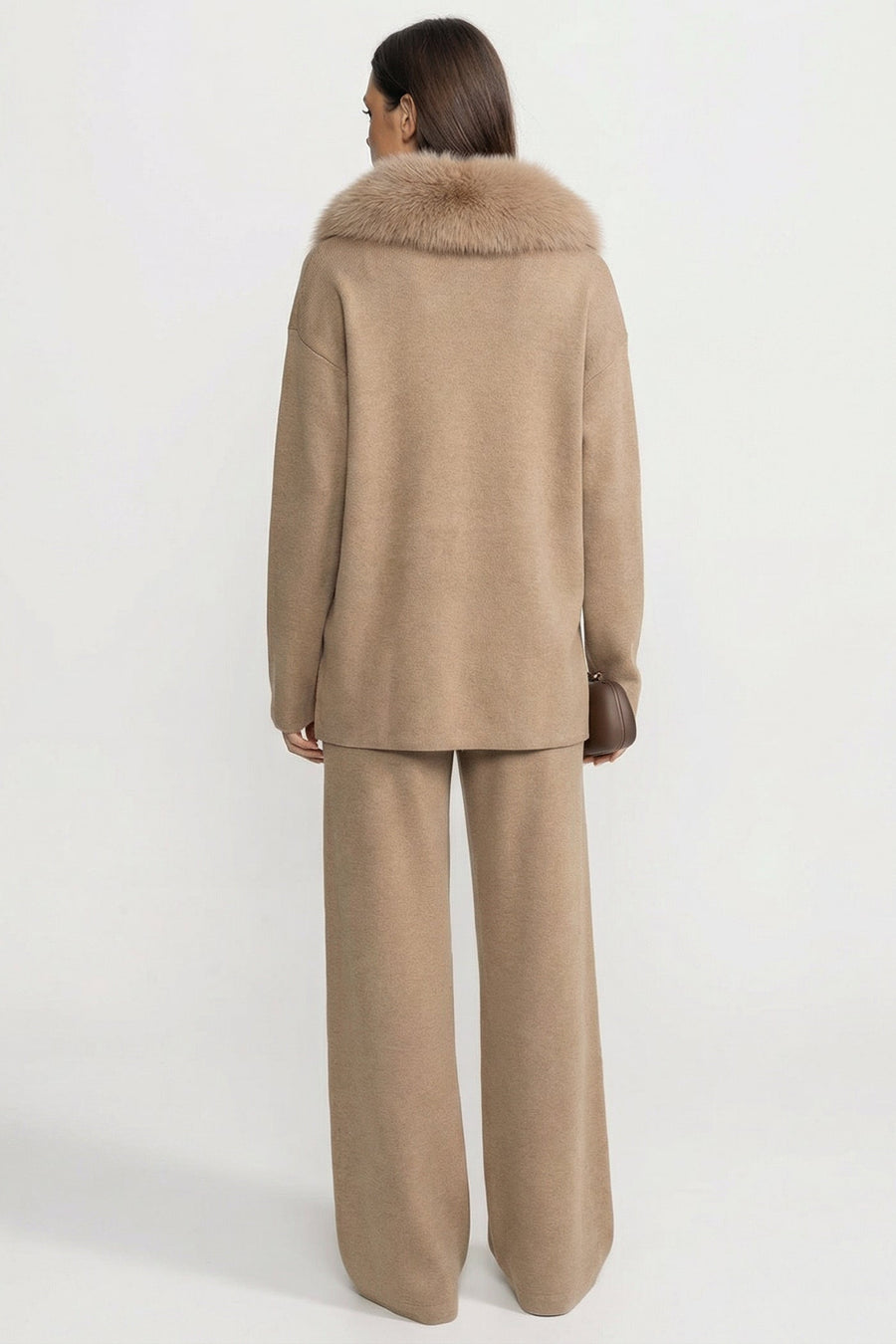 Knit Lounge Co-Ord Set with Fox Fur Collar – Khaki