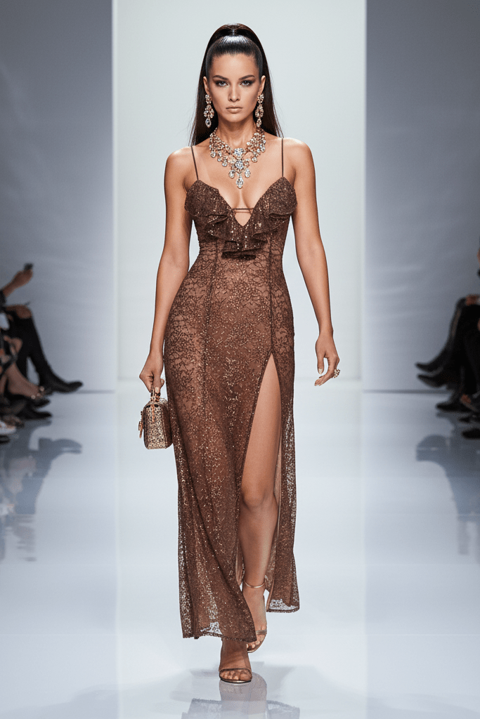 Lace Ruffled Deep V Evening Dress