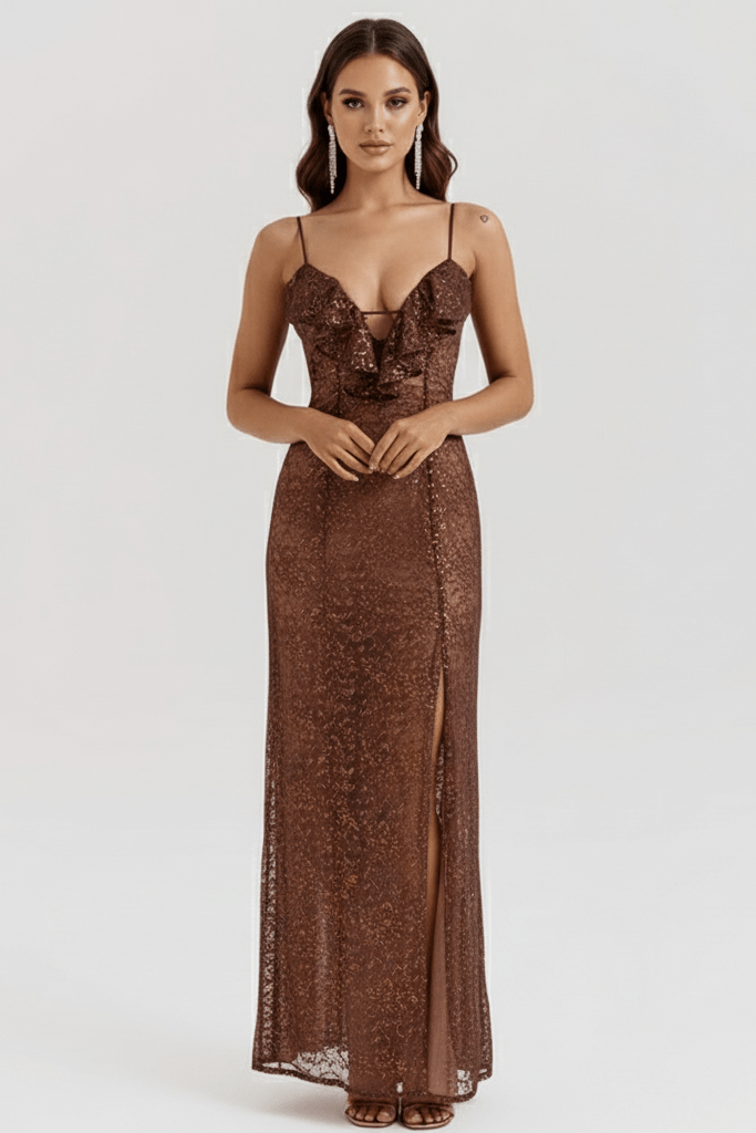 Lace Ruffled Deep V Evening Dress
