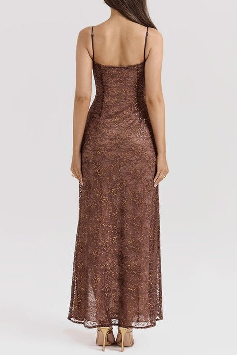 Lace Ruffled Deep V Evening Dress