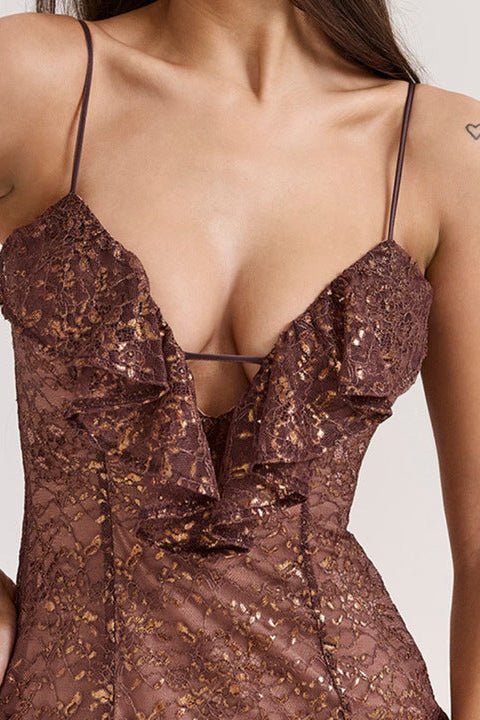 Lace Ruffled Deep V Evening Dress