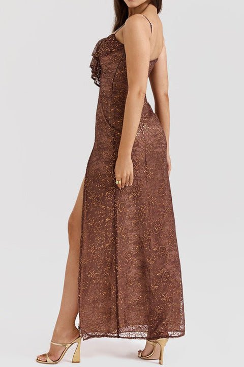 Lace Ruffled Deep V Evening Dress